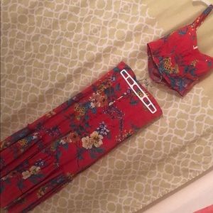 ADORABLE red floral two-piece crop top and skirt.